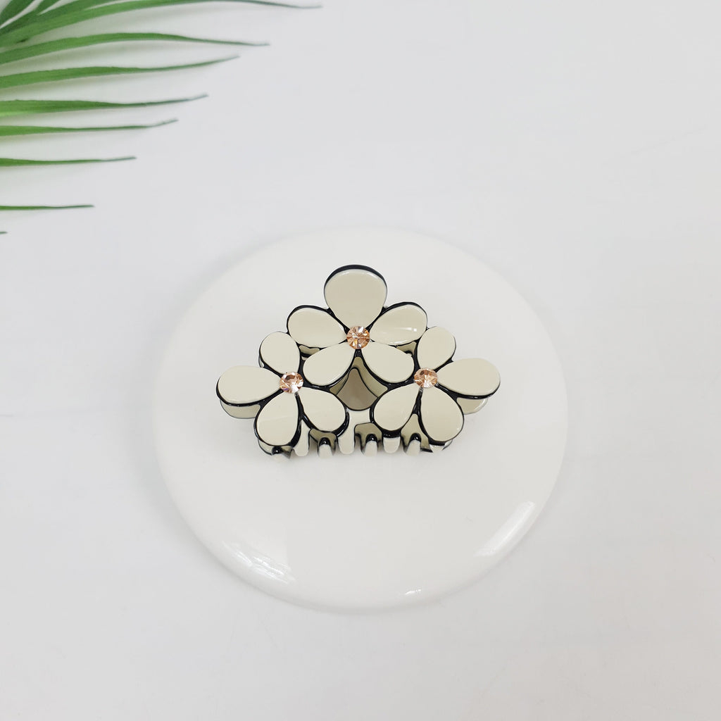 Triple Flower Hair Clips / Luxurious French Hair Pin with Cubic / Hair Accessory for Woman / Pastel Color Mini Claw Clip
