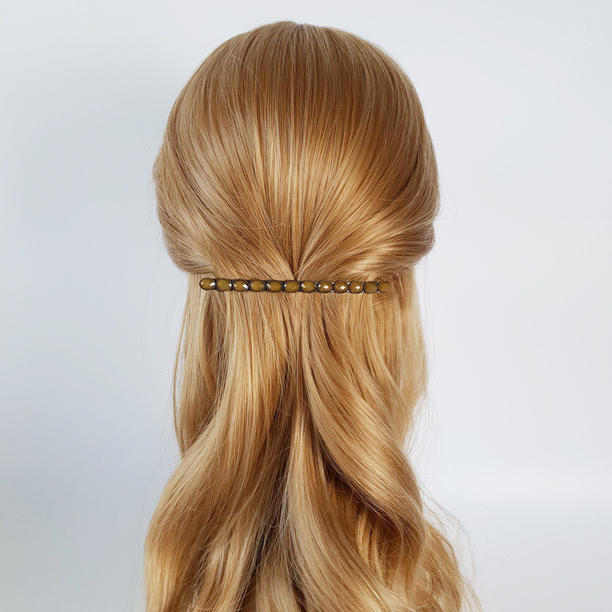 Oval Formica Hair Barrette (4.0 Inch) / Diamond Cut Formica Stone Decorated Barrette / Vintage Antique Hair Accessory / Automatic Hair Pin