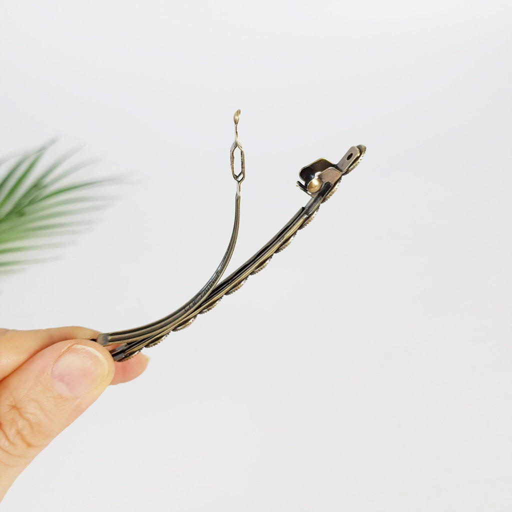 Oval Formica Hair Barrette (4.0 Inch) / Diamond Cut Formica Stone Decorated Barrette / Vintage Antique Hair Accessory / Automatic Hair Pin