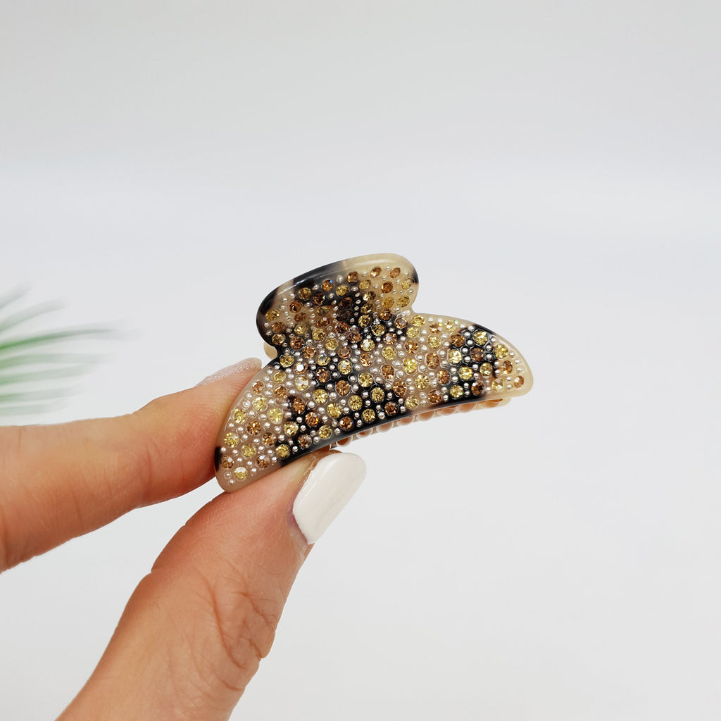 Luxurious Half Moon Hair Claw Clip with Cubic (1.8 Inch) / Tortoise Shell Small French Hair Pin / Bridal Hair Accessory for Woman