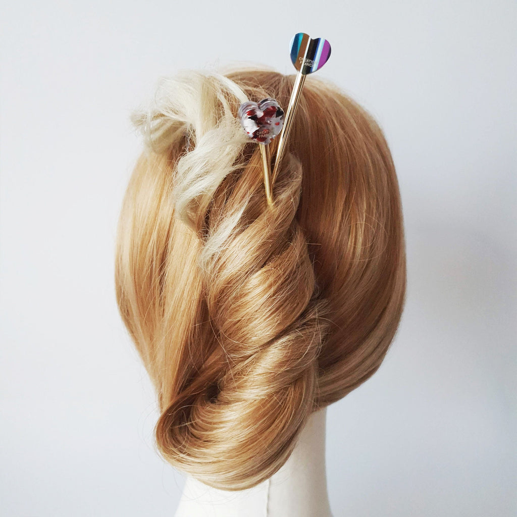 Lovely Heart Metal Hair Stick (5.7 Inch) / Tortoise Shell French Hair Pin / Metal Hair Fork for Thick Hair / Hair Pin Stick