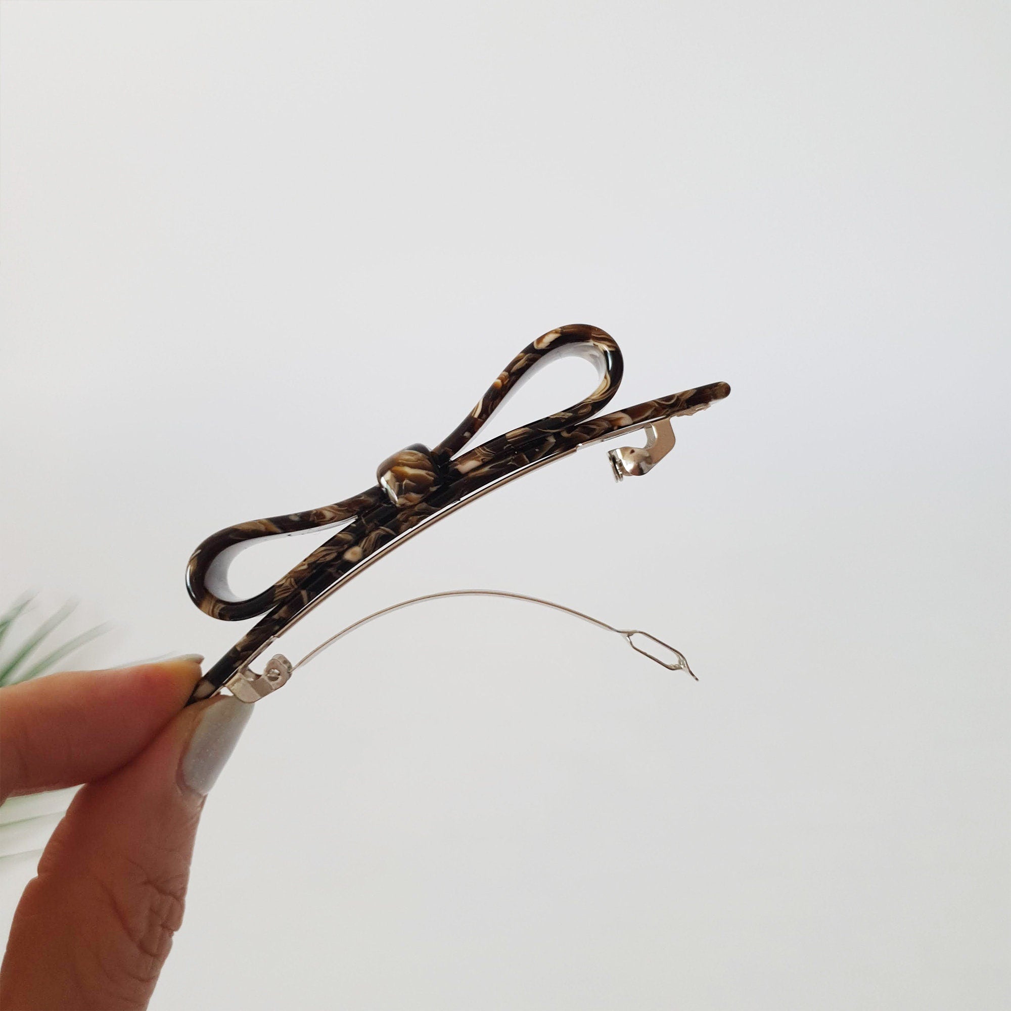 Bow Ribbon Hair Barrette (3.5 Inch) / Tortoise Marble French Hair Pin / Hair Accessory for Woman / Automatic Hair Clip