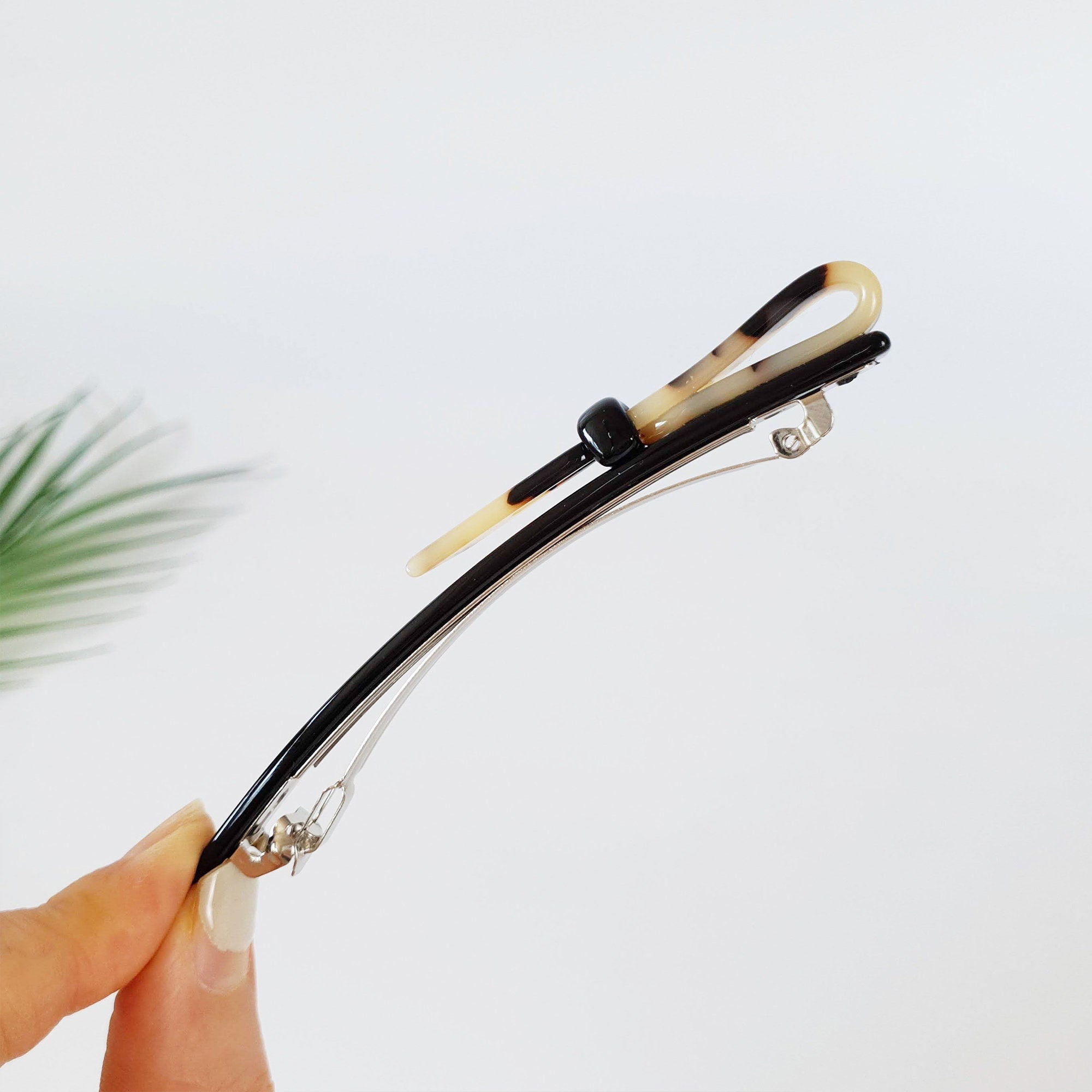 Long Ribbon Hair Barrette (4.3 Inch) / Tortoise Marble French Hair Pin / Hair Accessory for Woman / Automatic Hair Clip