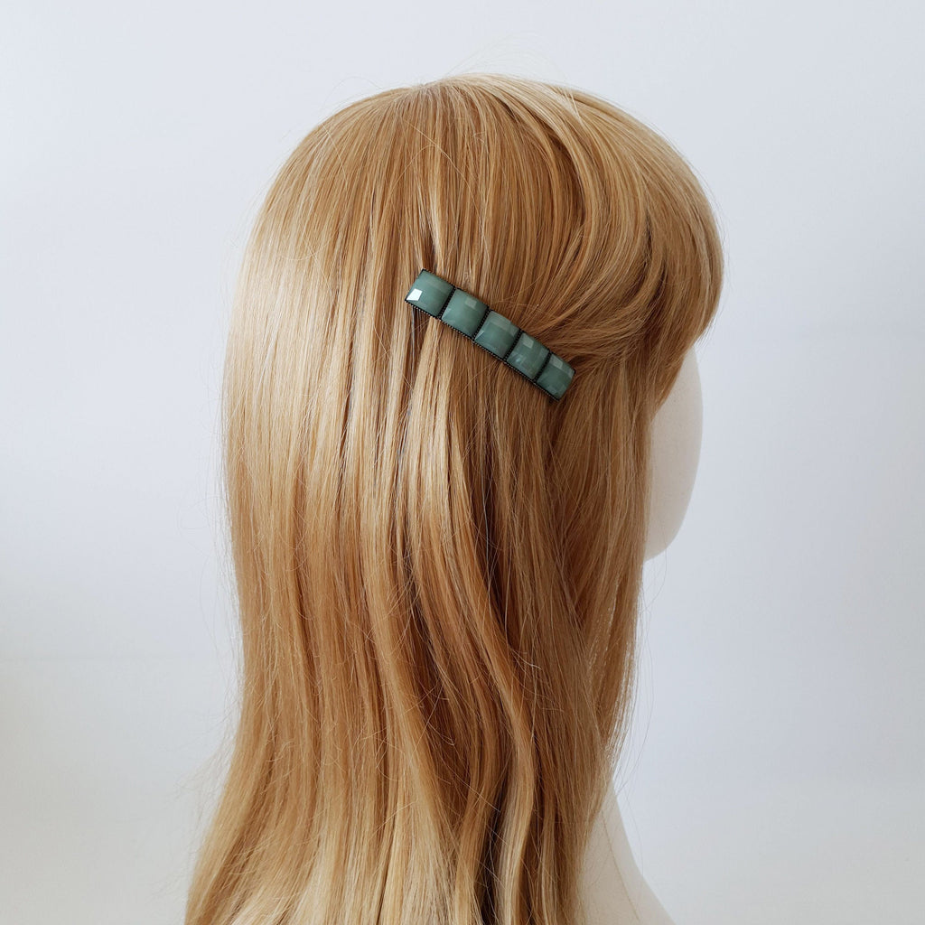 Square Formica Hair Barrette (2.4 Inch) / Diamond Cut Formica Stone Barrette / Vintage Antique Hair Accessory / Automatic Hair Pin