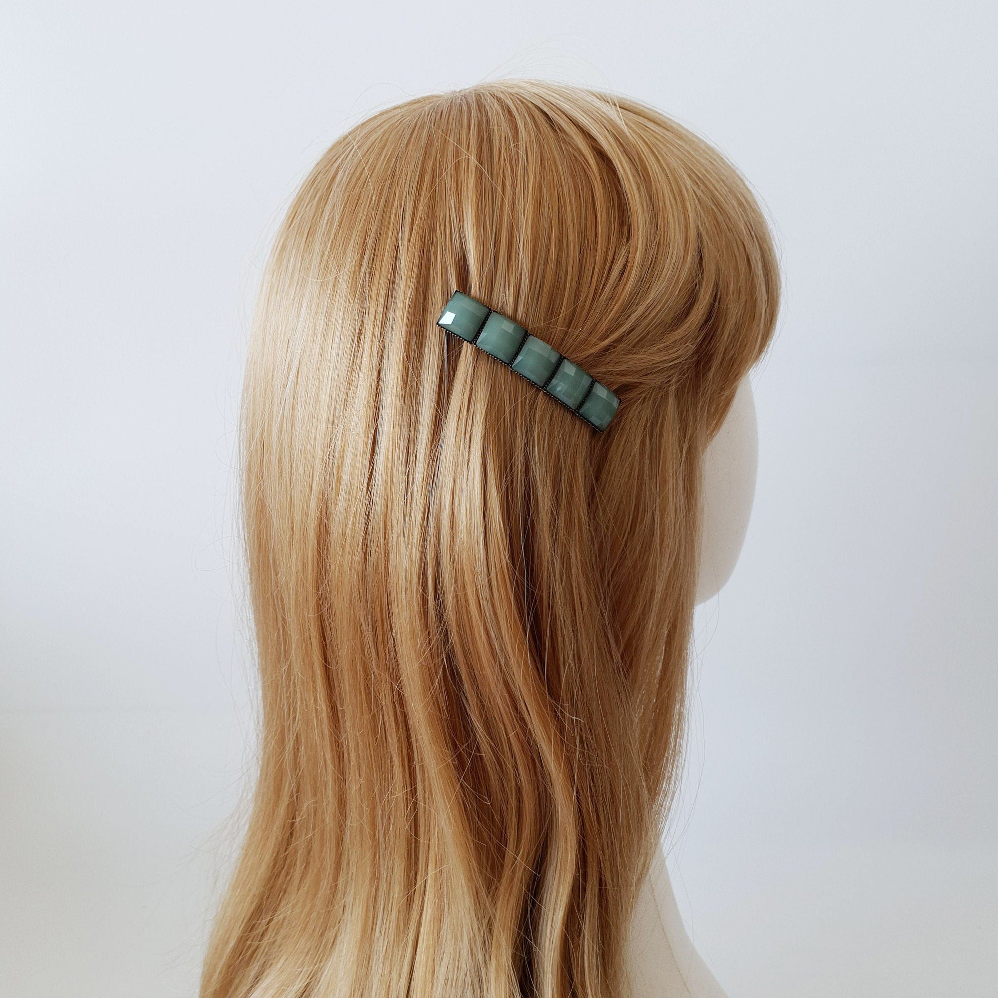Square Formica Hair Barrette (2.4 Inch) / Diamond Cut Formica Stone Barrette / Vintage Antique Hair Accessory / Automatic Hair Pin