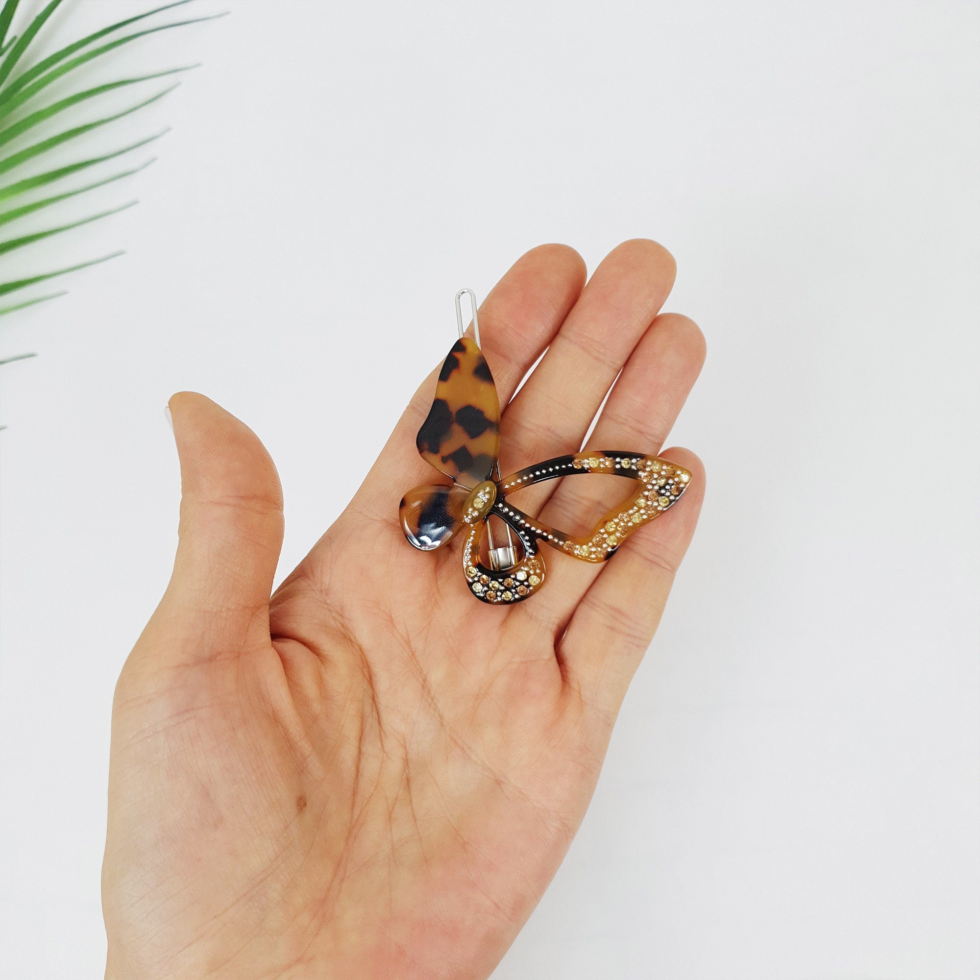 Tortoise Shell Butterfly Bobby Pin with Cubic / Vintage French Hair Pin / Hair Accessory for Woman / Butterfly Hair Clip