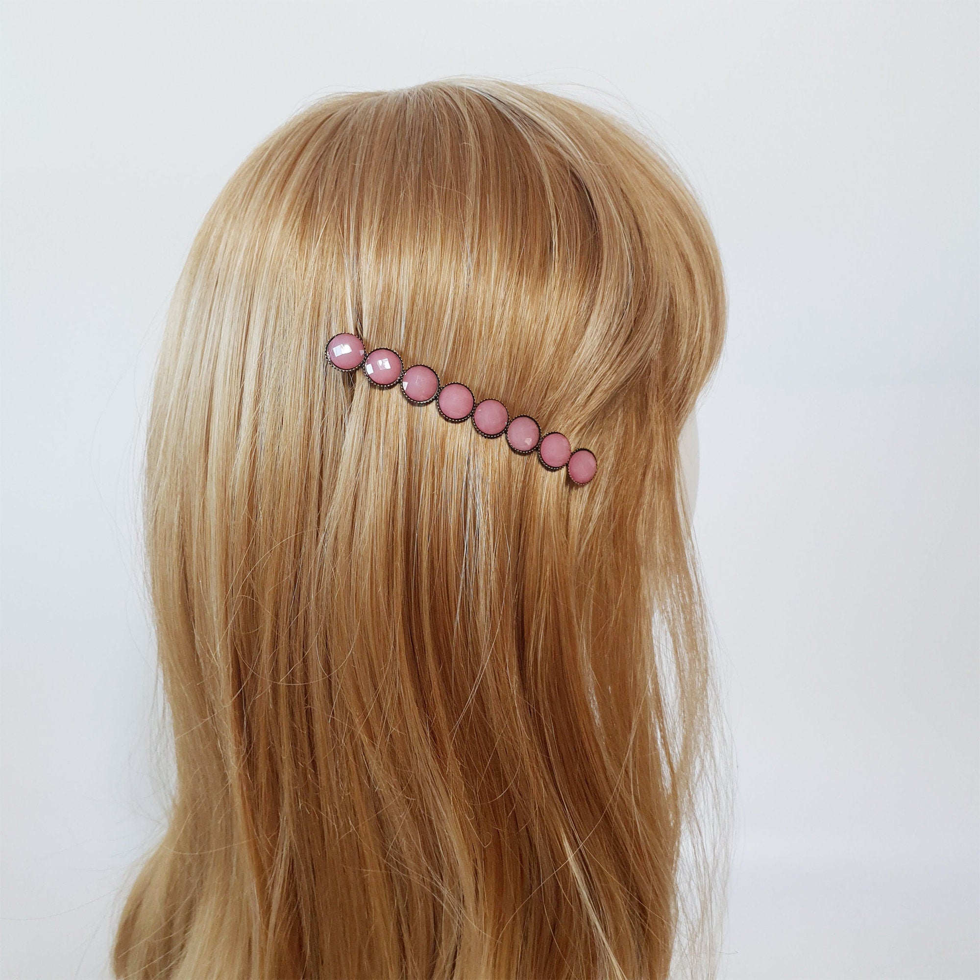 Vintage style antique brass French barrette featuring a row of small, round faceted acetate stones. 3.3 inch retro hair clip for half-up and side hair styling.