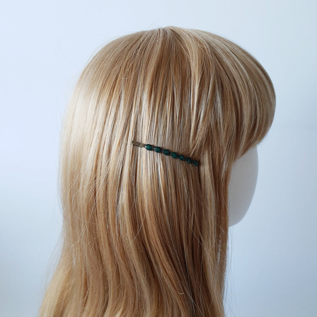 Formica Thin Hair Pin (2.4 Inch ) / Diamond Cut Formica Stone Decorated Barrette / Vintage Antique Hair Accessory for Woman