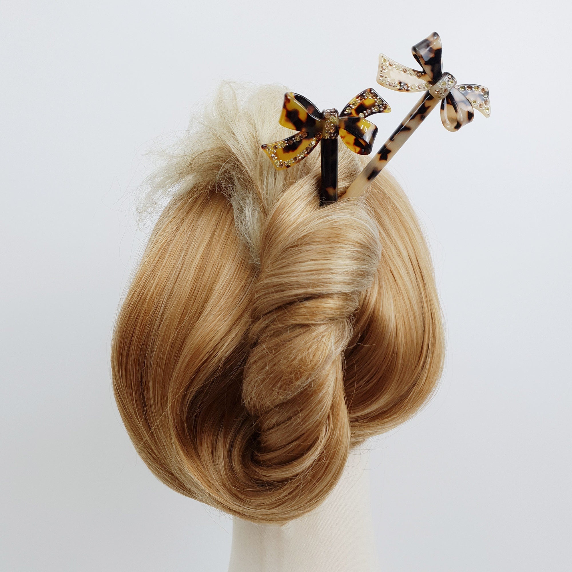 Leopard Double Ribbon Long Hair Stick with Cubic (7.3 Inch) / Tortoise Shell French Hair Pin / Hair Fork for Thick Hair