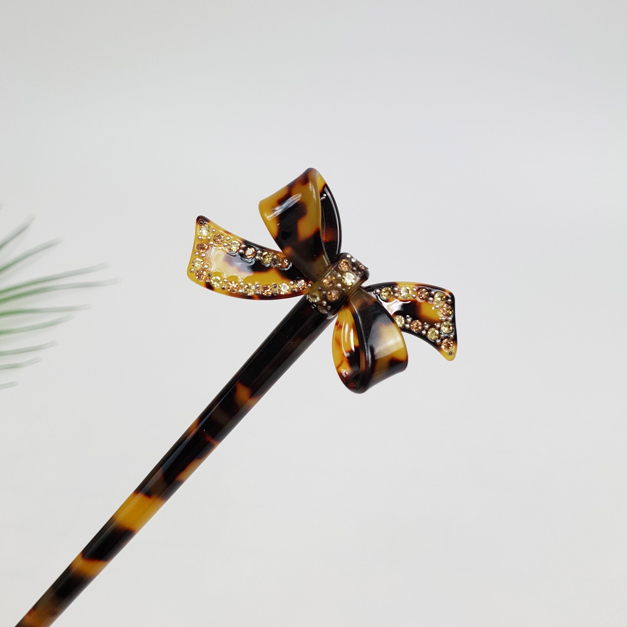 Leopard Double Ribbon Long Hair Stick with Cubic (7.3 Inch) / Tortoise Shell French Hair Pin / Hair Fork for Thick Hair