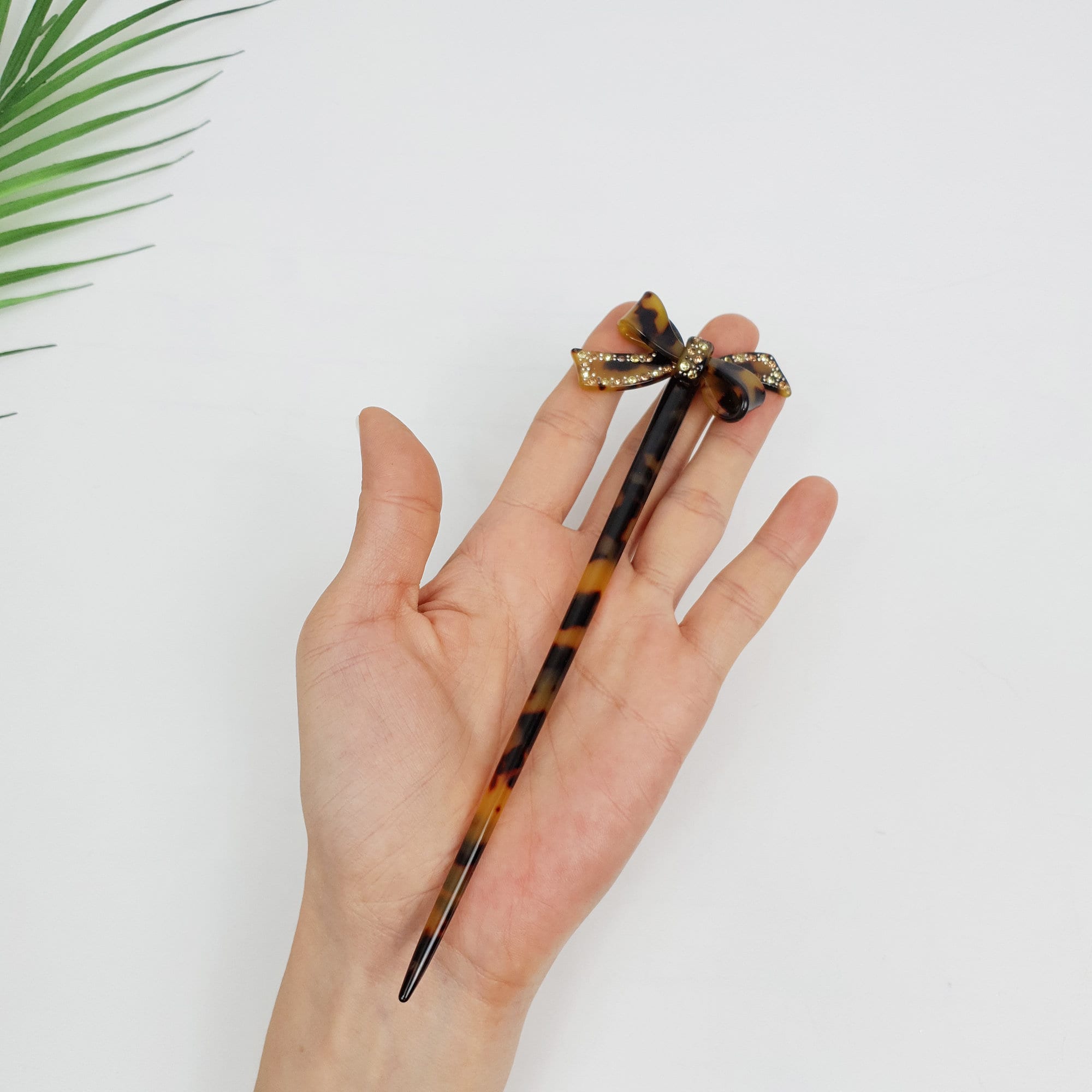Leopard Double Ribbon Long Hair Stick with Cubic (7.3 Inch) / Tortoise Shell French Hair Pin / Hair Fork for Thick Hair