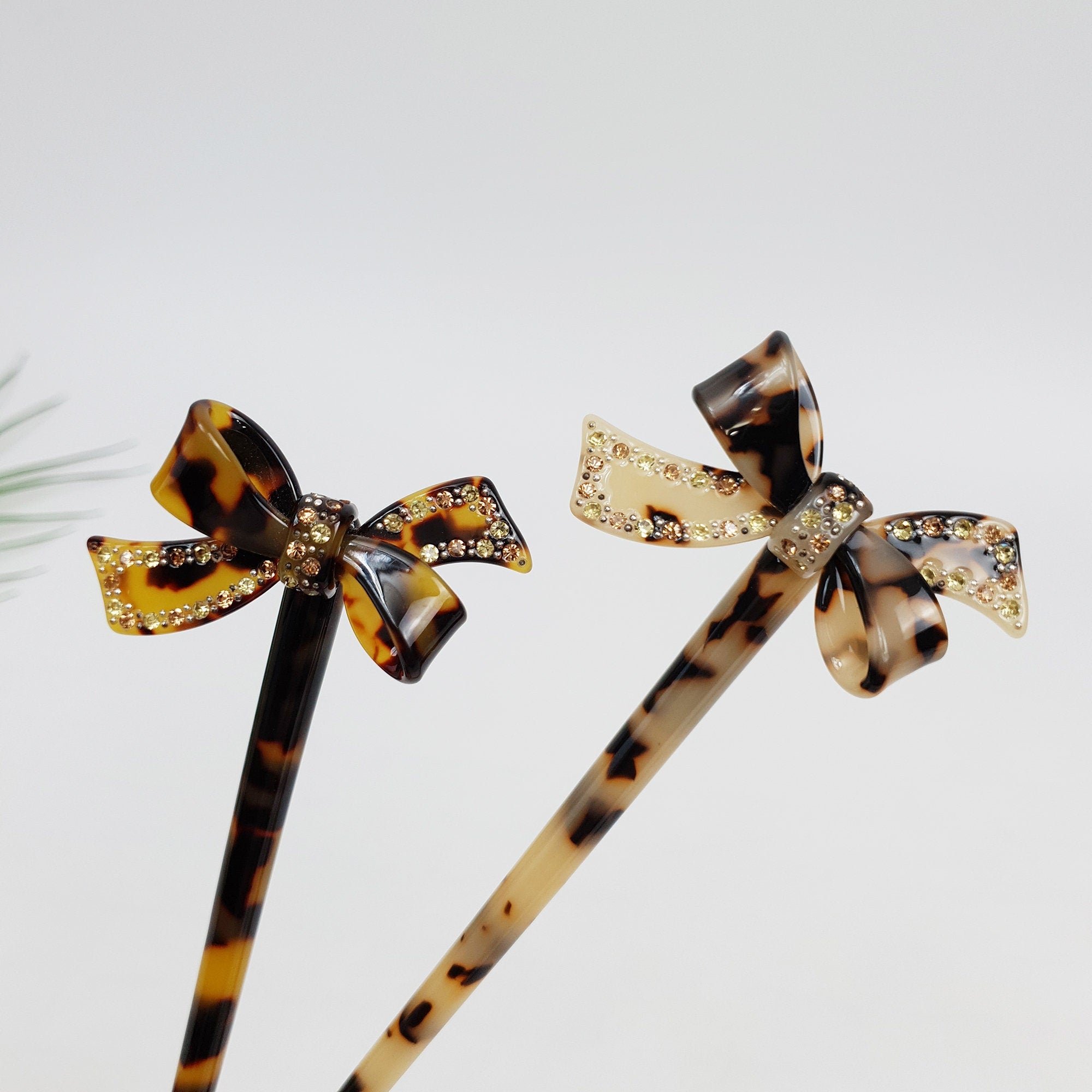Leopard Double Ribbon Long Hair Stick with Cubic (7.3 Inch) / Tortoise Shell French Hair Pin / Hair Fork for Thick Hair