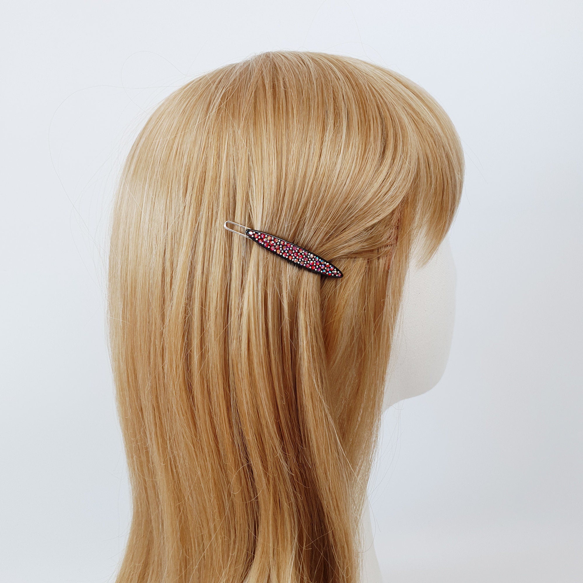 Small French rhinestone snap clip featuring sparkling cubic stones. 2 inch oval hair barrette for bangs and side hair styling.