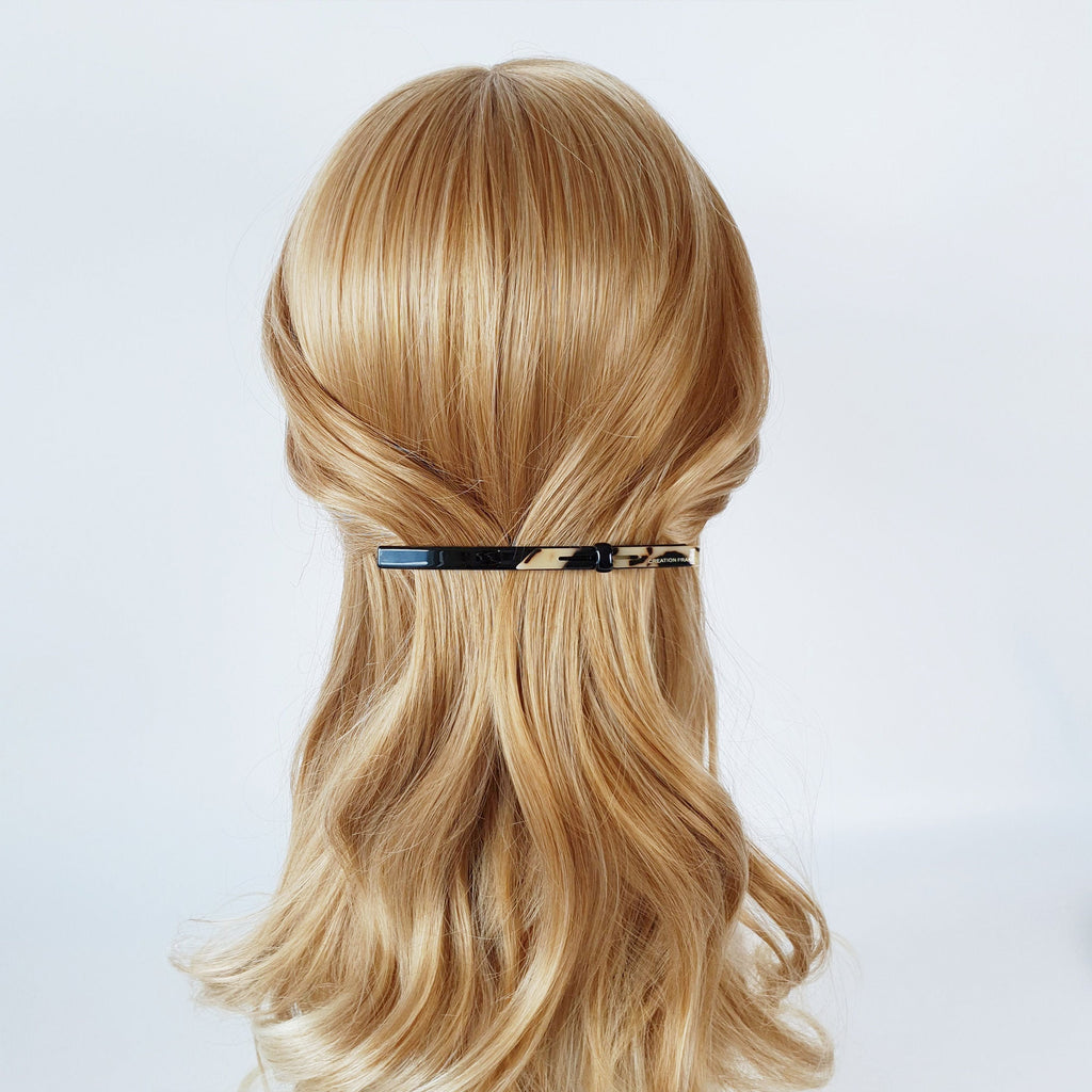 Long Ribbon Hair Barrette (4.3 Inch) / Tortoise Marble French Hair Pin / Hair Accessory for Woman / Automatic Hair Clip
