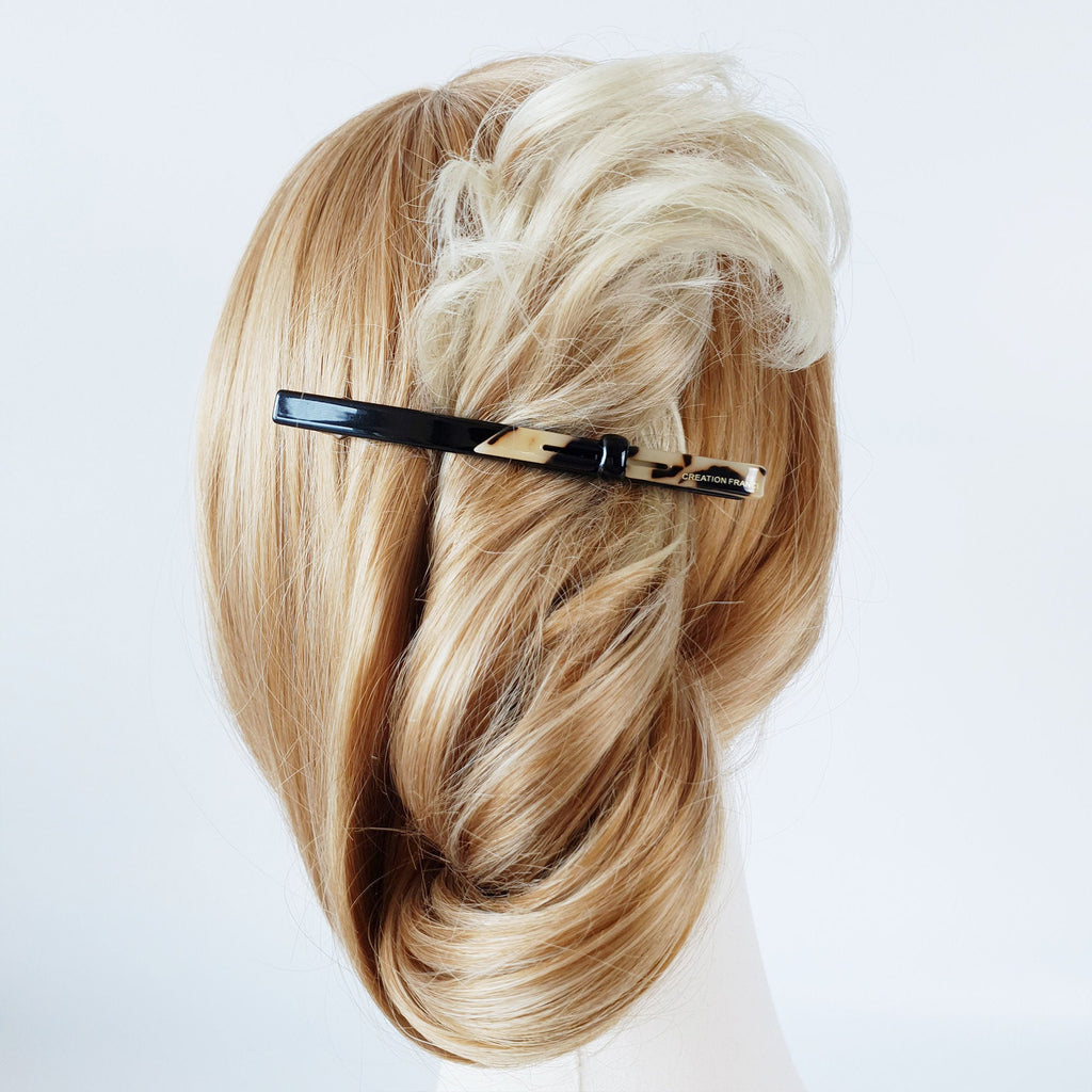 Long Ribbon Hair Barrette (4.3 Inch) / Tortoise Marble French Hair Pin / Hair Accessory for Woman / Automatic Hair Clip