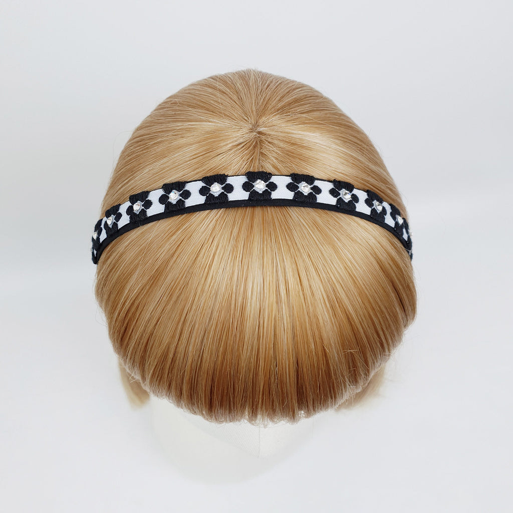 Embroidery Flower Thin Headband with Cubic (0.6 Inch) / Simple Line Turban Bandanna / Floral Headband
