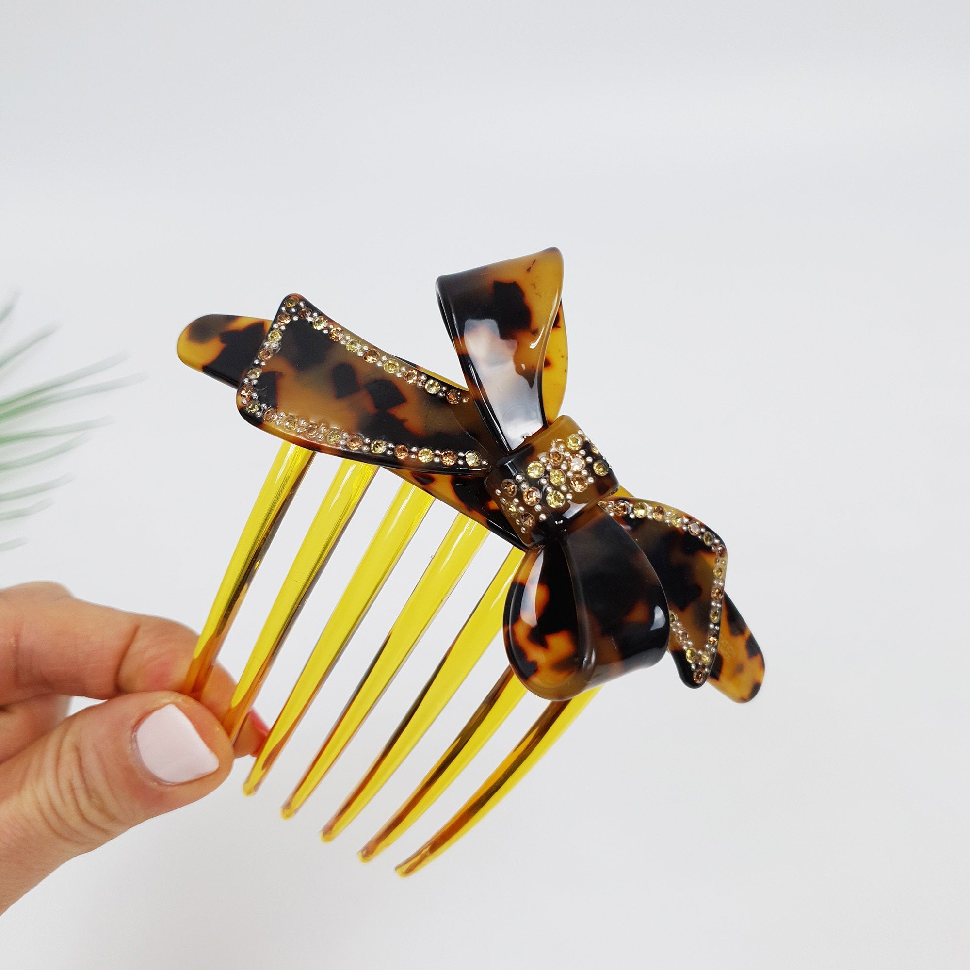 Leopard Big Double Ribbon Long Leg Nonslip Hair Comb Pin / Tortoise Marble French Hair Pin with Cubic Stone / Hair Fork for Woman