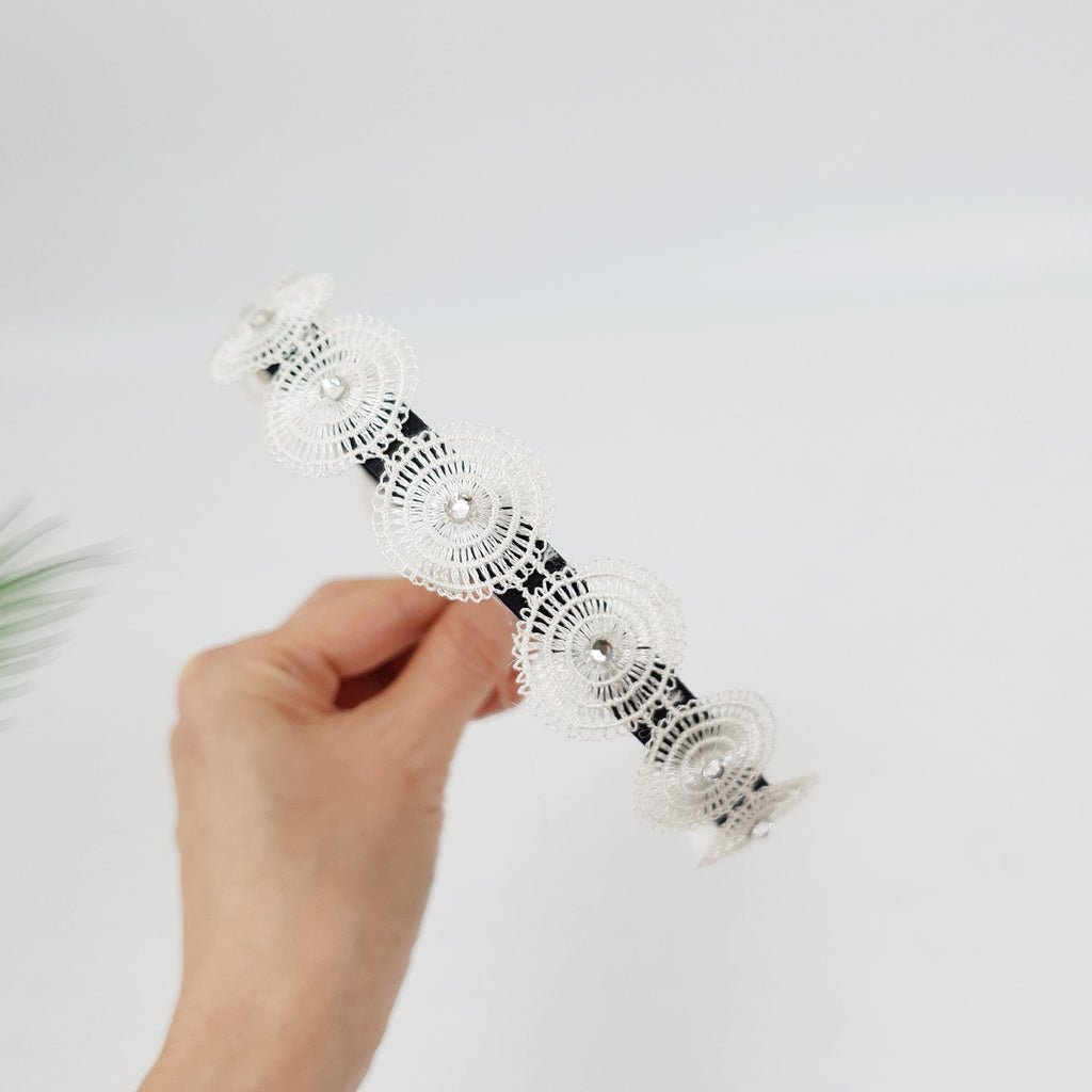 Round Cubic Embroidery Lace Thin Headband (1.0 Inch) / Fashionable Turban Bandanna / Hair Accessory for Woman