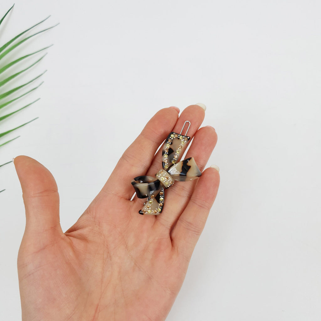 Leopard Aurora Cubic Double Ribbon Bobby Pin (2.8 Inch) / Vintage French Hair Pin / Hair Accessory for Woman / Bow Barrette