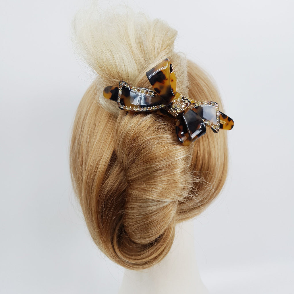 Leopard Big Double Ribbon Long Leg Nonslip Hair Comb Pin / Tortoise Marble French Hair Pin with Cubic Stone / Hair Fork for Woman