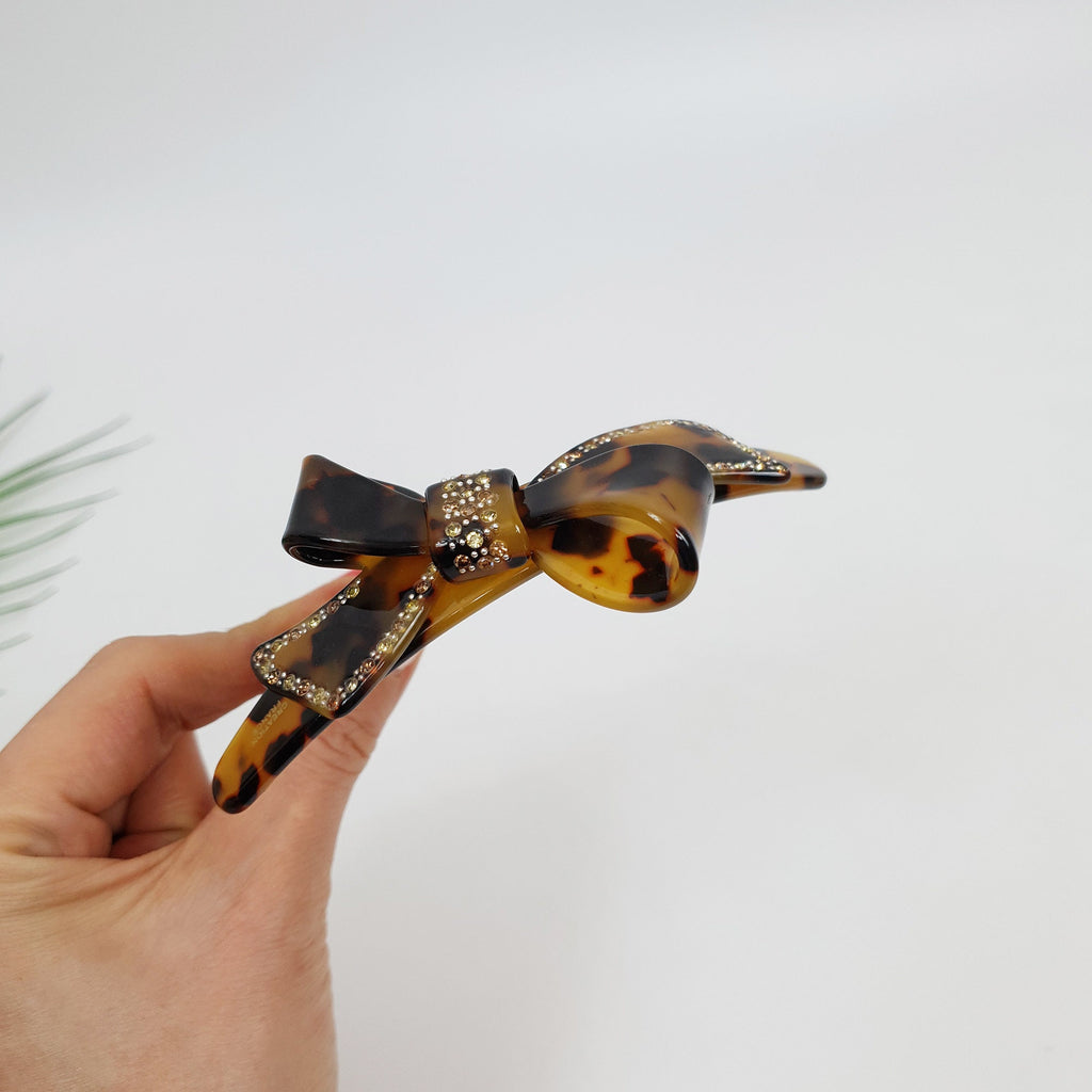 Leopard Big Double Ribbon Long Leg Nonslip Hair Comb Pin / Tortoise Marble French Hair Pin with Cubic Stone / Hair Fork for Woman