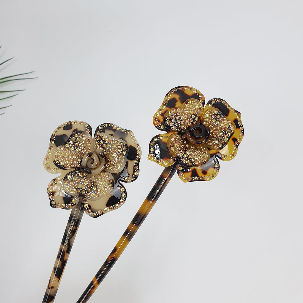 Rose Floral Long Hair Stick (8.0 Inch) / Leopard French Hair Pin with Cubic Stone / Hair Fork for Thick Hair / Flower Hair Pin