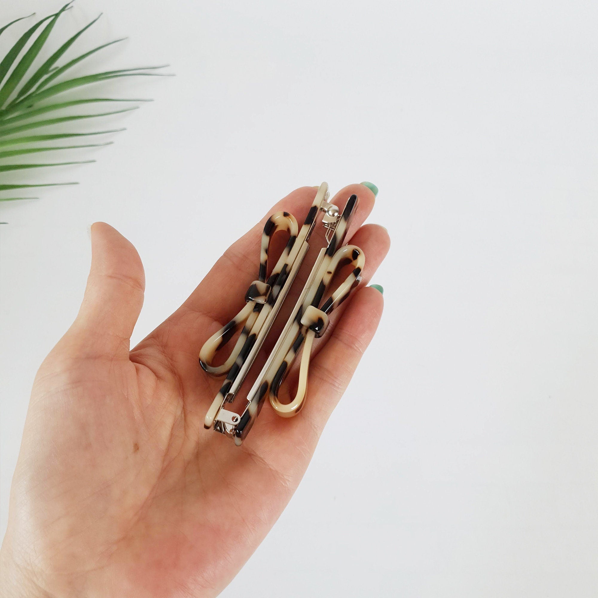 Double Bow Ribbon Small Hair Barrette / Tortoise Shell French Hair Pin / Banana Clip for Woman / Automatic Hair Clip