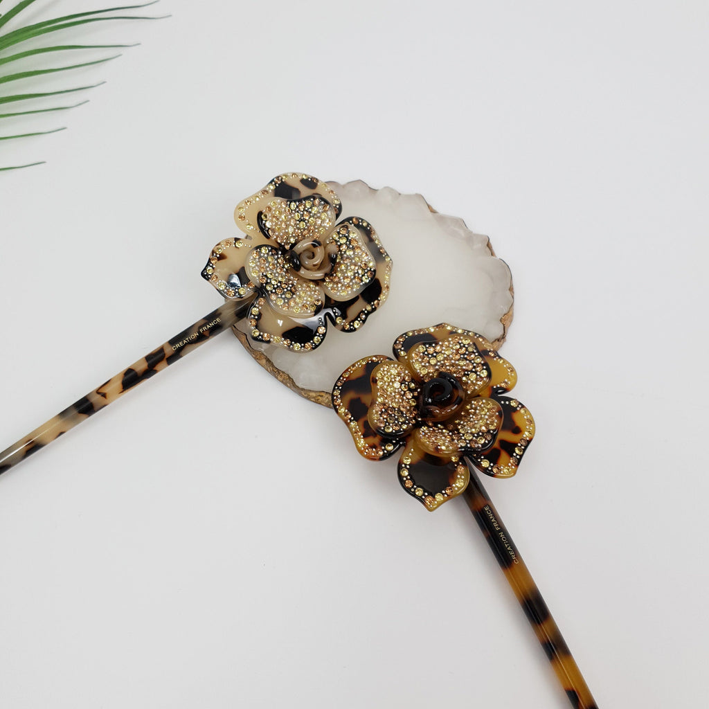 Rose Floral Long Hair Stick (8.0 Inch) / Leopard French Hair Pin with Cubic Stone / Hair Fork for Thick Hair / Flower Hair Pin