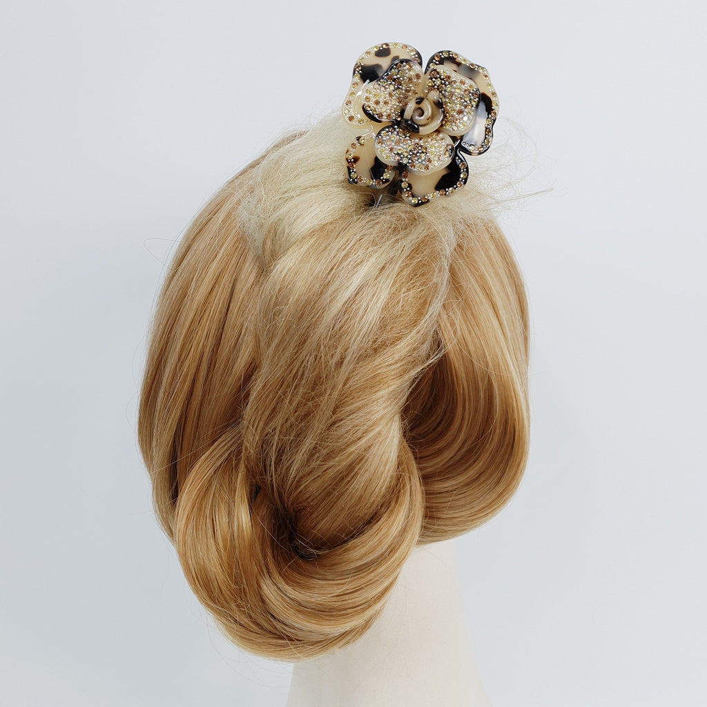 Rose Floral Long Hair Stick (8.0 Inch) / Leopard French Hair Pin with Cubic Stone / Hair Fork for Thick Hair / Flower Hair Pin