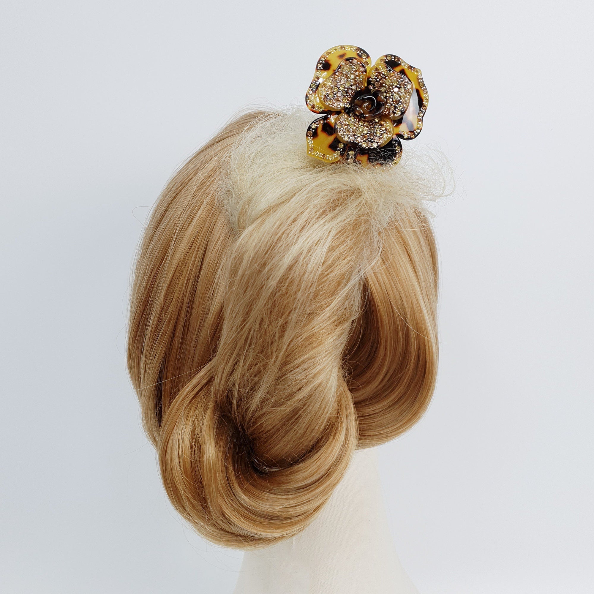 Rose Floral Long Hair Stick (8.0 Inch) / Leopard French Hair Pin with Cubic Stone / Hair Fork for Thick Hair / Flower Hair Pin