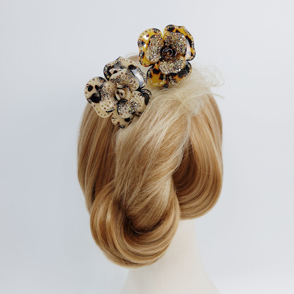 Rose Floral Long Hair Stick (8.0 Inch) / Leopard French Hair Pin with Cubic Stone / Hair Fork for Thick Hair / Flower Hair Pin