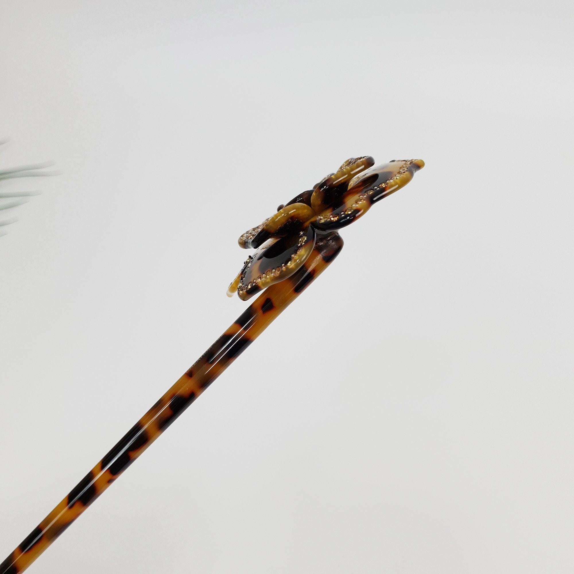 Rose Floral Long Hair Stick (8.0 Inch) / Leopard French Hair Pin with Cubic Stone / Hair Fork for Thick Hair / Flower Hair Pin