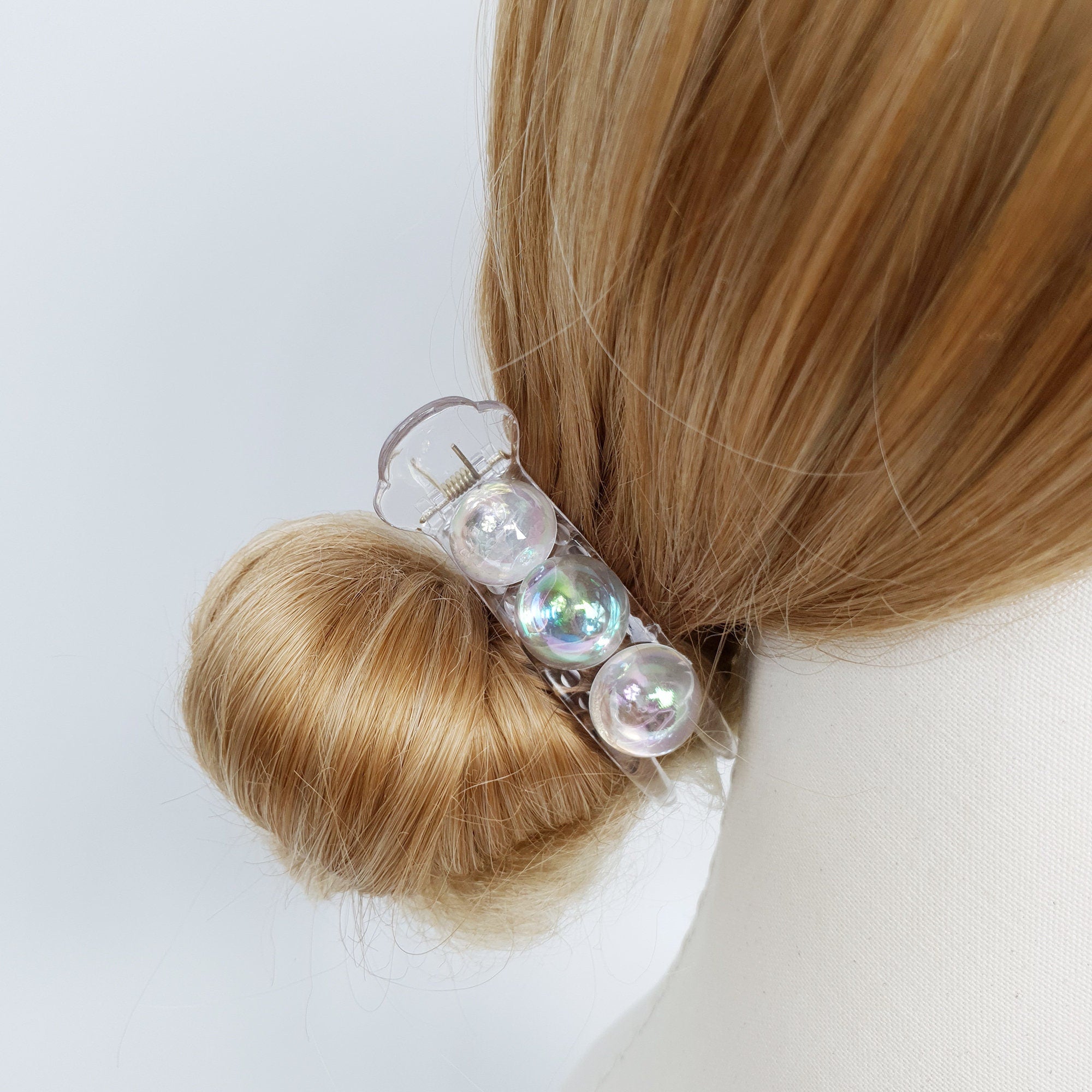 Iridescent clear acrylic round hair claw with bubble accents. Aurora ponytail holder clip for buns. Korean fashion hair accessories gift.
