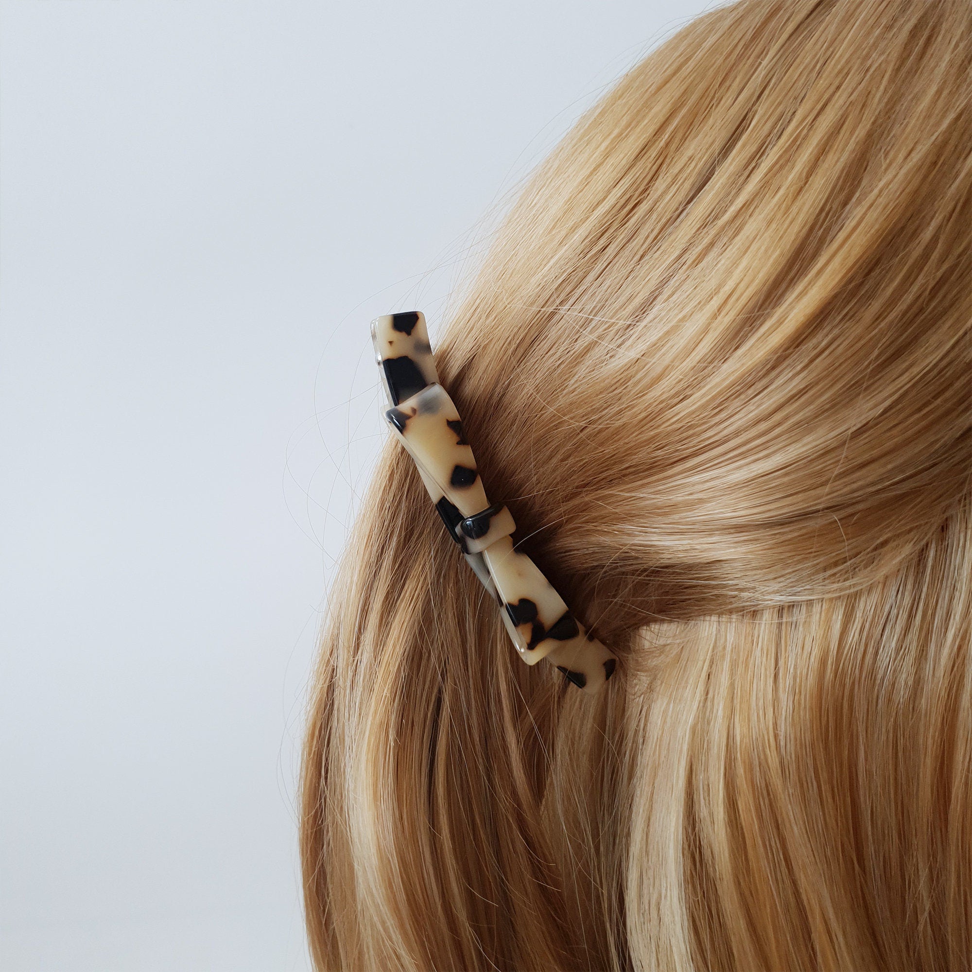 Double Bow Ribbon Small Hair Barrette / Tortoise Shell French Hair Pin / Banana Clip for Woman / Automatic Hair Clip