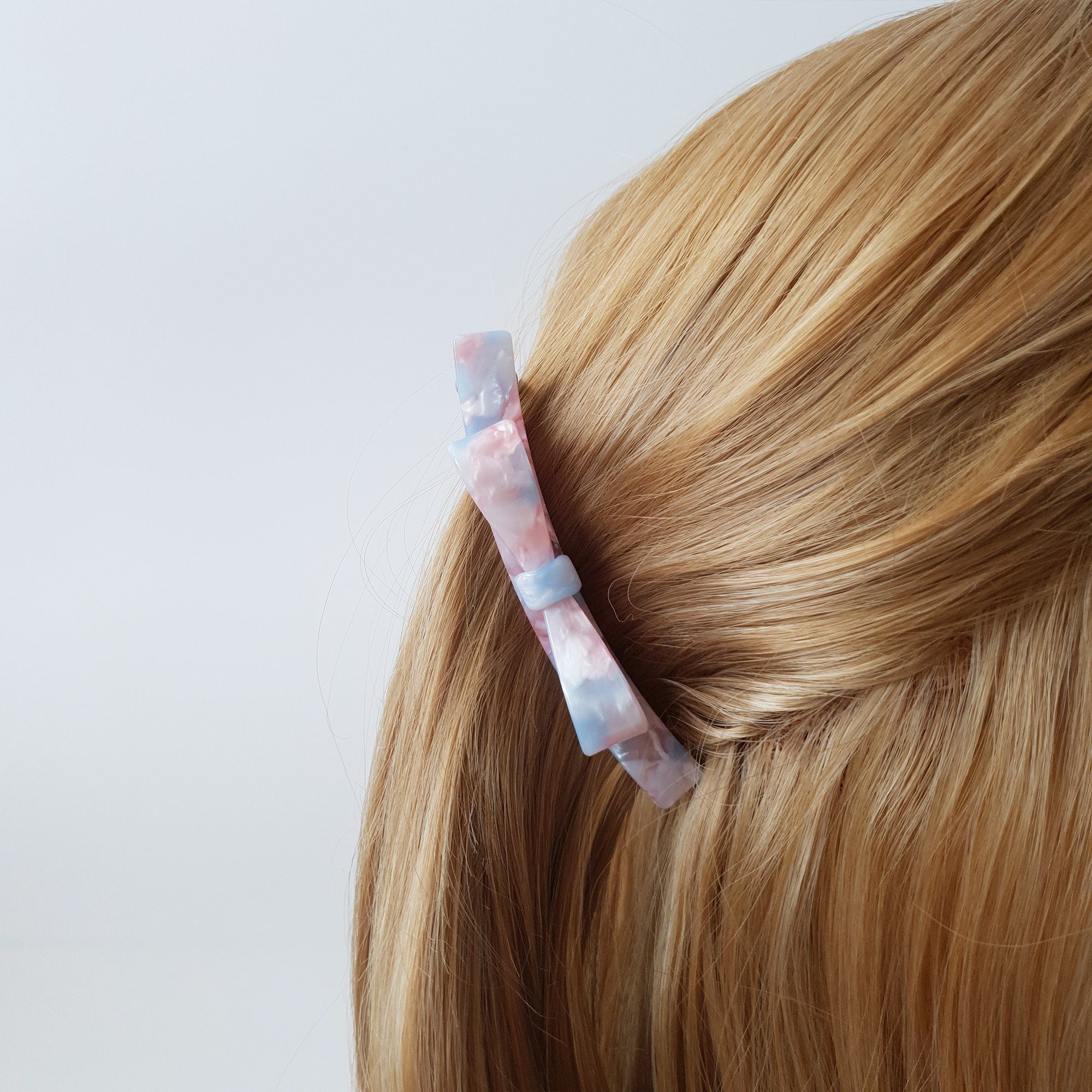 Double Bow Ribbon Small Hair Barrette / Tortoise Shell French Hair Pin / Banana Clip for Woman / Automatic Hair Clip