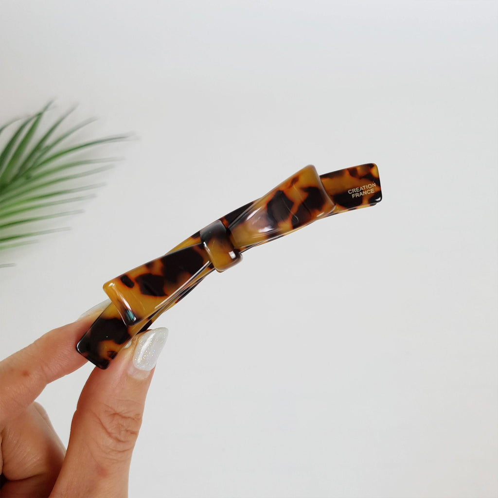 Double Bow Ribbon Small Hair Barrette / Tortoise Shell French Hair Pin / Banana Clip for Woman / Automatic Hair Clip