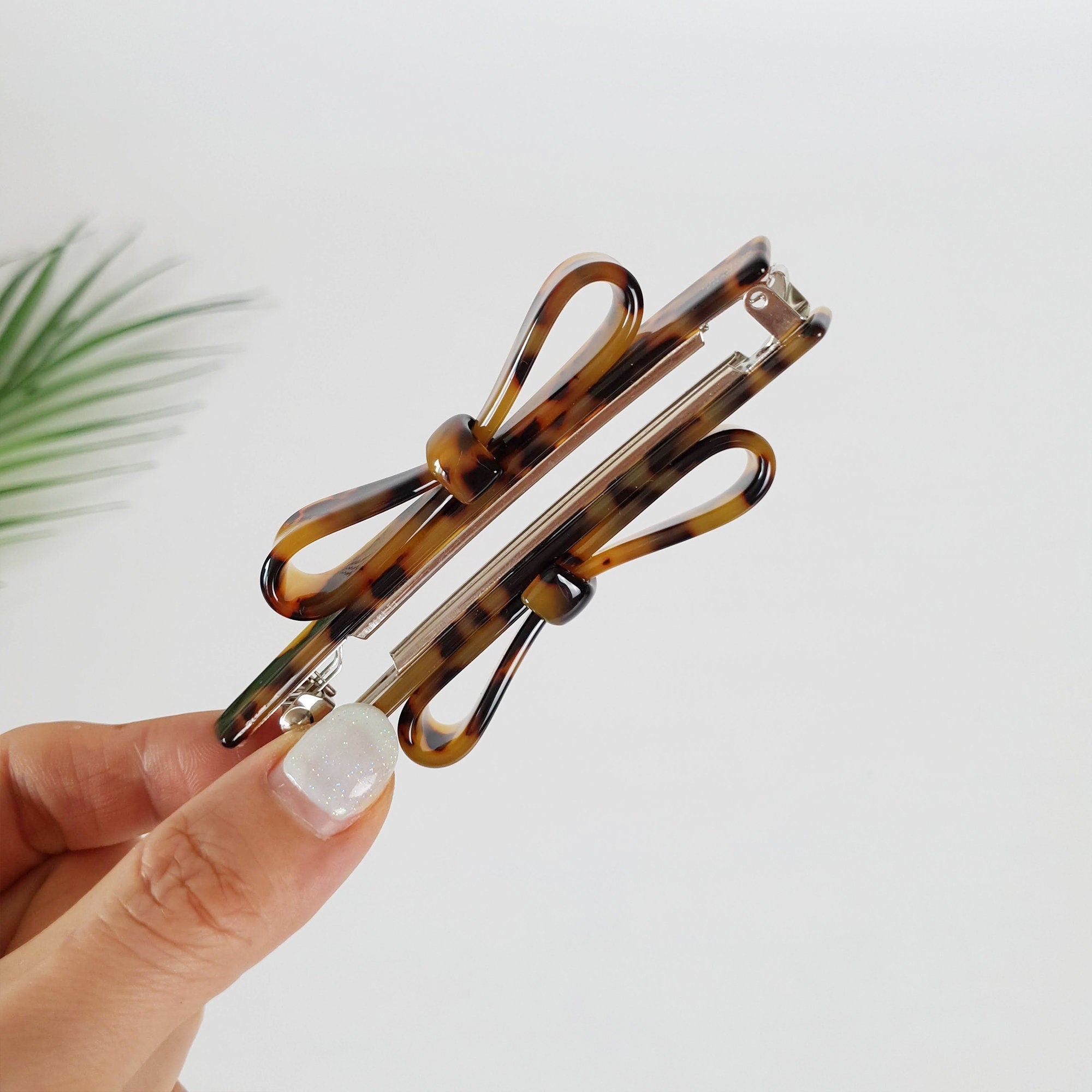 Double Bow Ribbon Small Hair Barrette / Tortoise Shell French Hair Pin / Banana Clip for Woman / Automatic Hair Clip