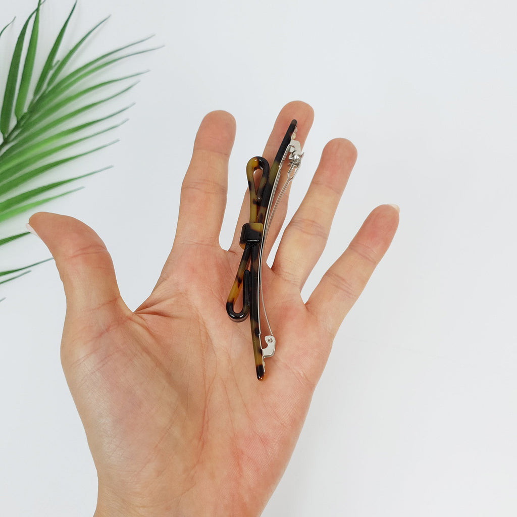 Leopard Long Bow Hair Barrette (4.1 Inch) / Tortoise Shell French Hair Pin / Hair Accessory for Woman / Automatic Hair Clip