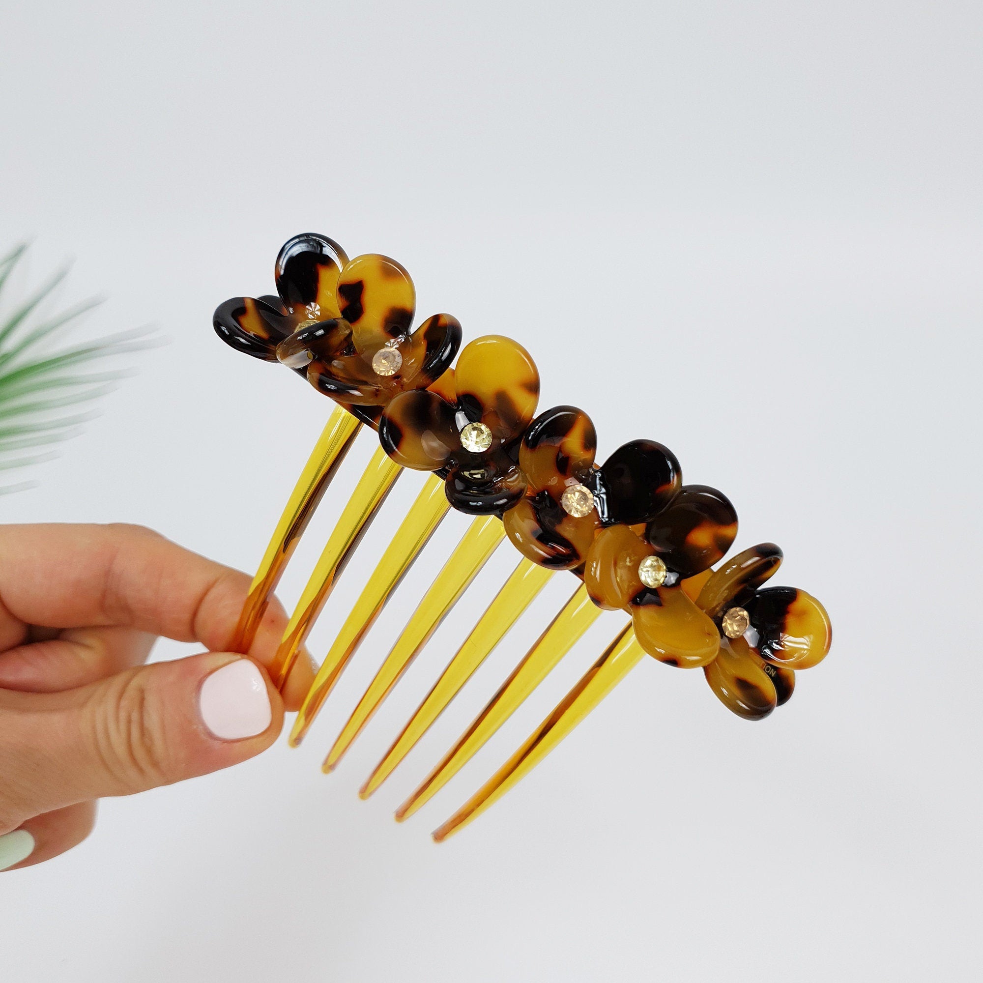 Leopard Flower Garden Non-slip Hair Comb Pin / Tortoise Shell French Hair Pin with Cubic Stone / Hair Fork for Woman