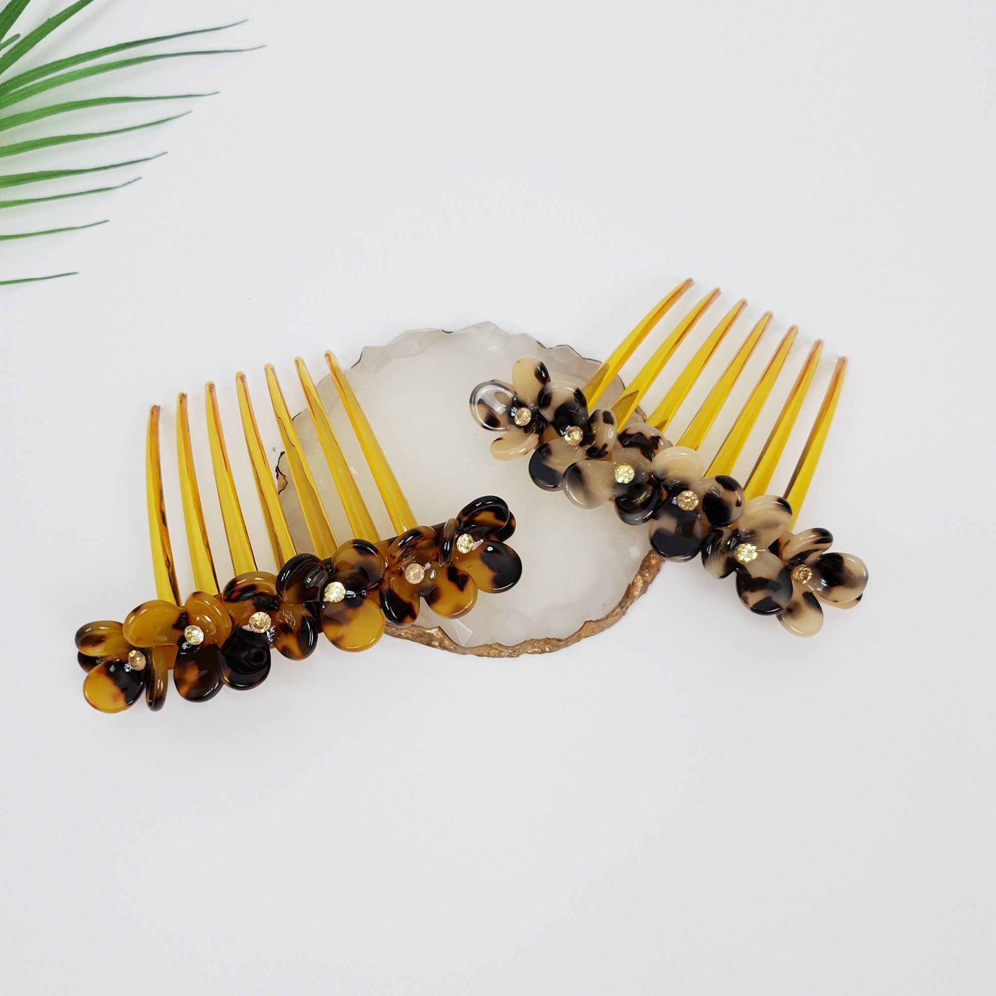 Leopard Flower Garden Non-slip Hair Comb Pin / Tortoise Shell French Hair Pin with Cubic Stone / Hair Fork for Woman