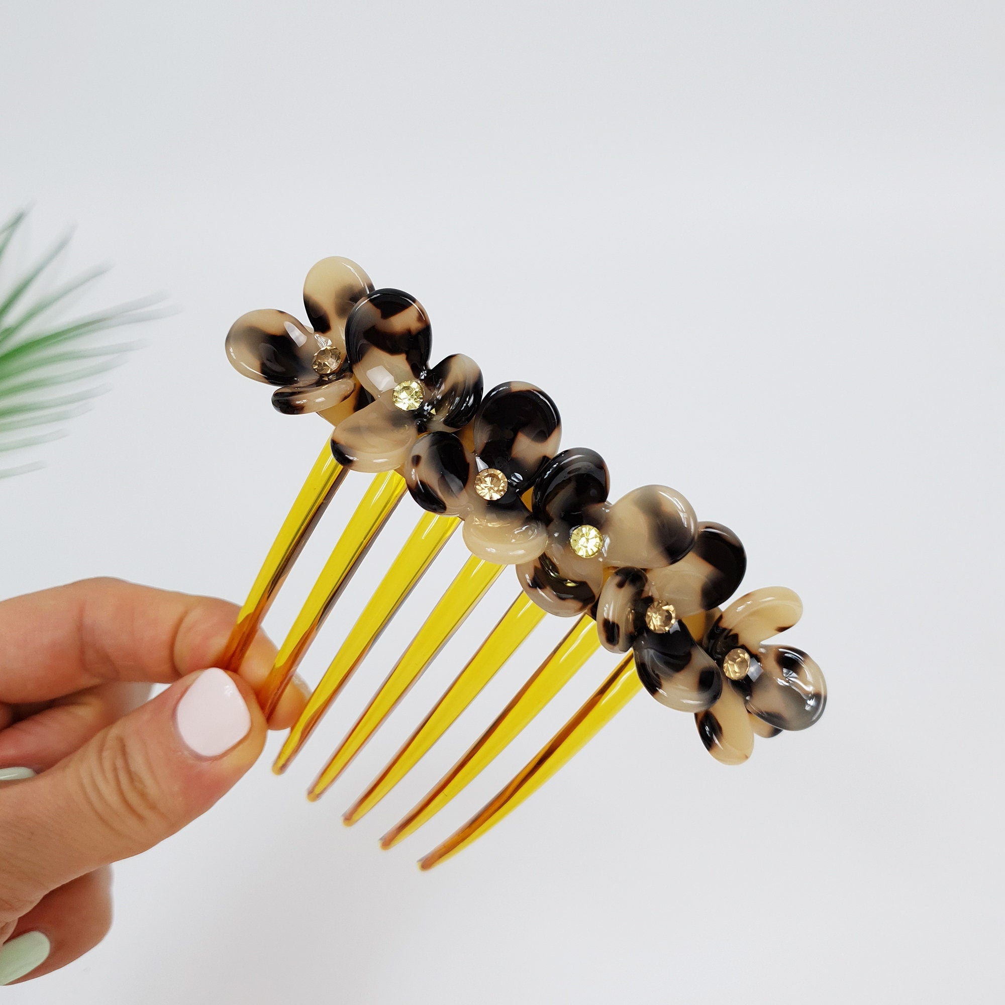 Leopard Flower Garden Non-slip Hair Comb Pin / Tortoise Shell French Hair Pin with Cubic Stone / Hair Fork for Woman