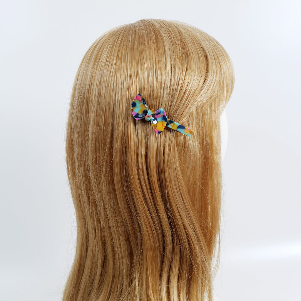 Leopard Marble Fancy Ribbon Small Hair Clip (2.6 Inch) / Tortoise Shell Mini French Hair Pin / Alligator Hair Clip for Woman