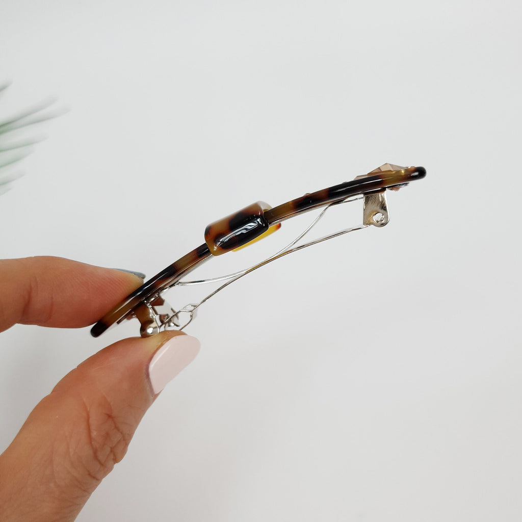 Leopard Bow Tie Hair Barrette with Cubic Stone / Tortoise Shell French Hair Pin / Hair Accessory for Woman / Automatic Hair Clip