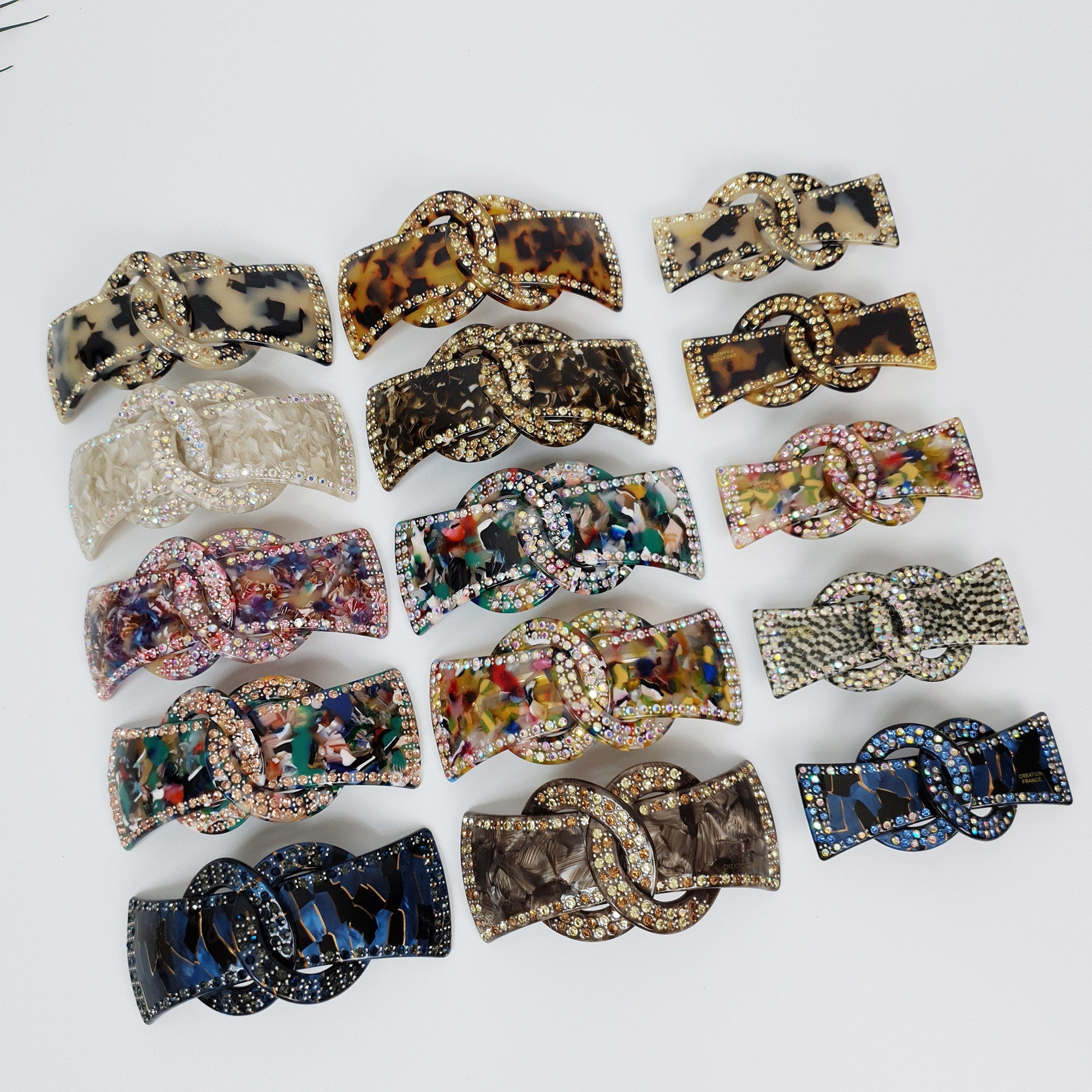 Cellulose Acetate Barrette with Rhinestone Chain Design, Art Deco Style Hair Clip for Women, Sparkly Tortoise Shell Clamp for Half Updo.