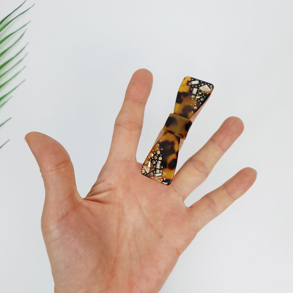 Leopard Bow Tie Hair Barrette with Cubic Stone / Tortoise Shell French Hair Pin / Hair Accessory for Woman / Automatic Hair Clip