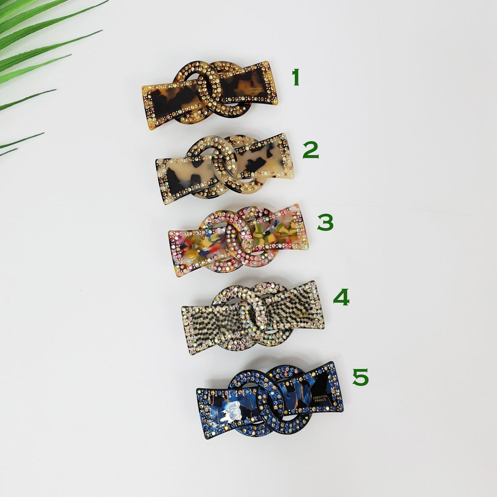 Leopard Luxurious Hair Barrette with Cubic Stone Chain / Tortoise Shell French Hair Pin / Hair Accessory for Woman / Automatic Hair Clip