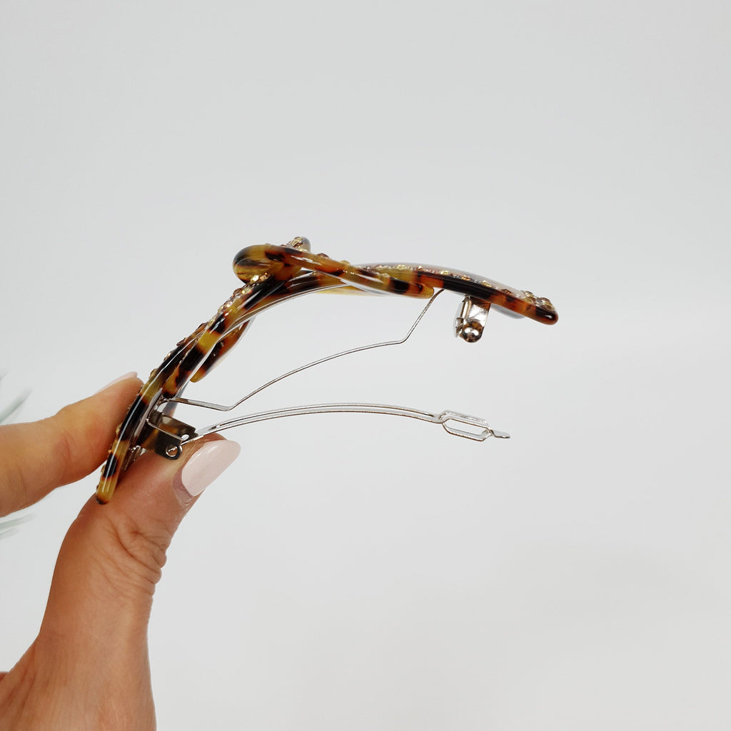 Leopard Luxurious Hair Barrette with Cubic Stone Chain / Tortoise Shell French Hair Pin / Hair Accessory for Woman / Automatic Hair Clip