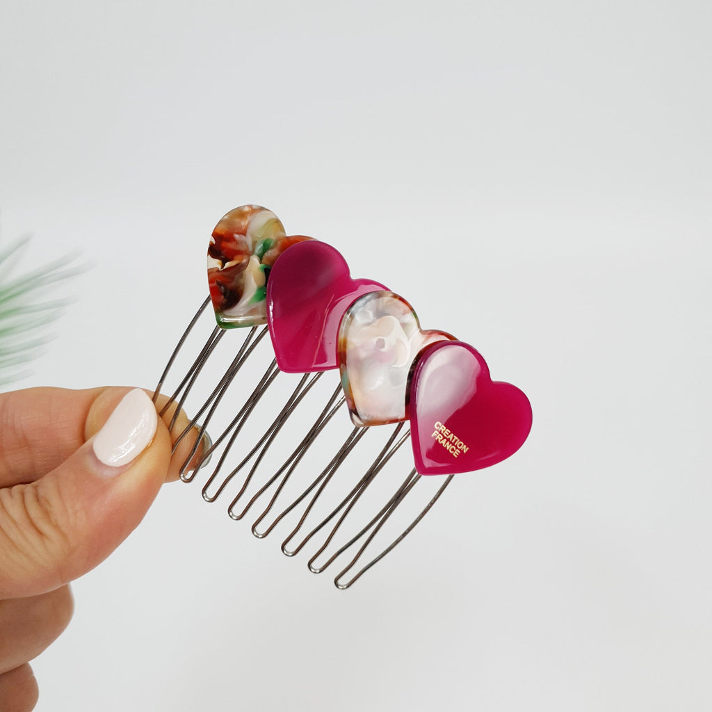 Marble Double Heart Comb Pin with Cubic / Tortoise Shell Hair Pin / Hair Fork for Woman