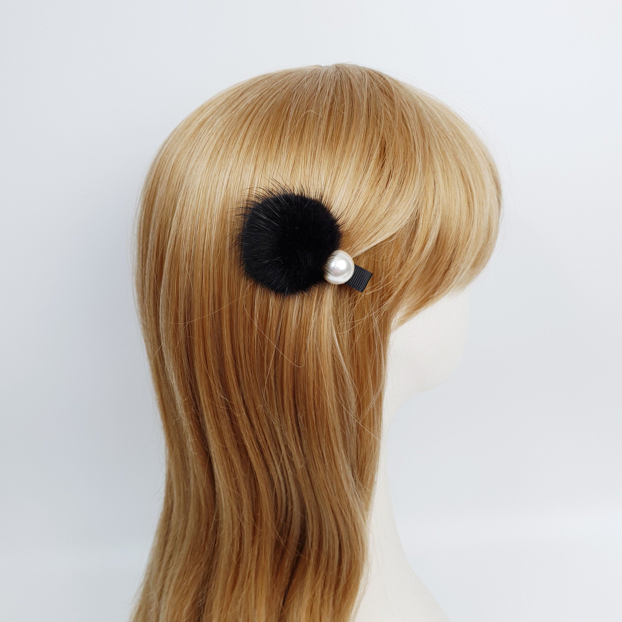 Cream Pearl Real Mink Ball Hair Claw Clip / Cute Colorful Hair Pin / Alligator Hair Clip for Woman