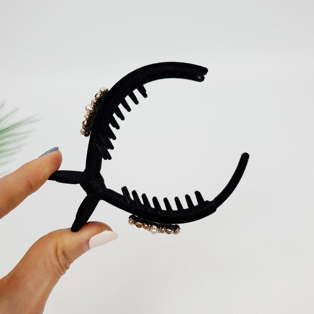 Black Velvet Hair Clip with Pearl Cubic / Simple Round Ponytail Holder / Hair Barrette for Woman / Pearl Hair Claw Clip